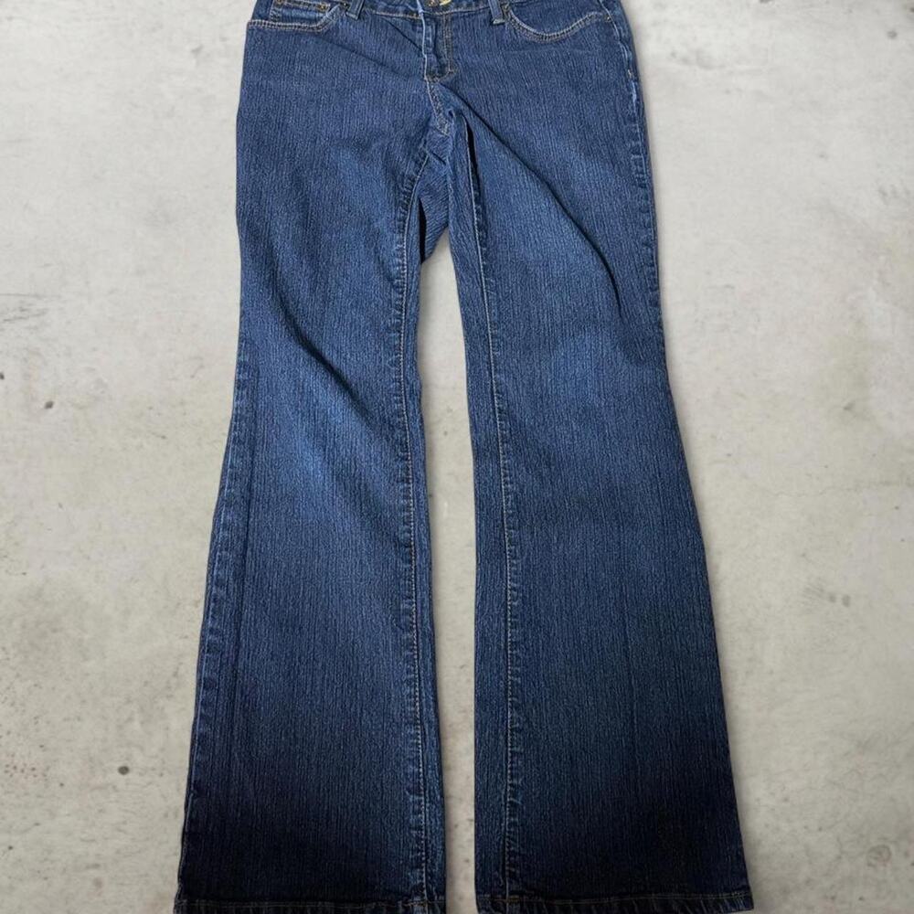 THRE3 Clothing Co Womens Dark Wash Flare Jeans Y2K Low Rise Stretch Denim